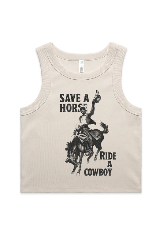 Common Saints Organic Rib Crop Tank in Bone with black cowboy graphic and “Save a Horse Ride a Cowboy” text, front flat lay