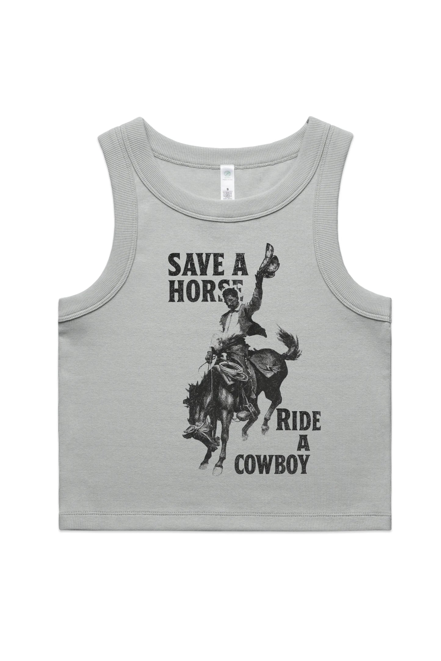 Common Saints Organic Rib Crop Tank in Storm with black cowboy graphic and “Save a Horse Ride a Cowboy” text, front flat lay