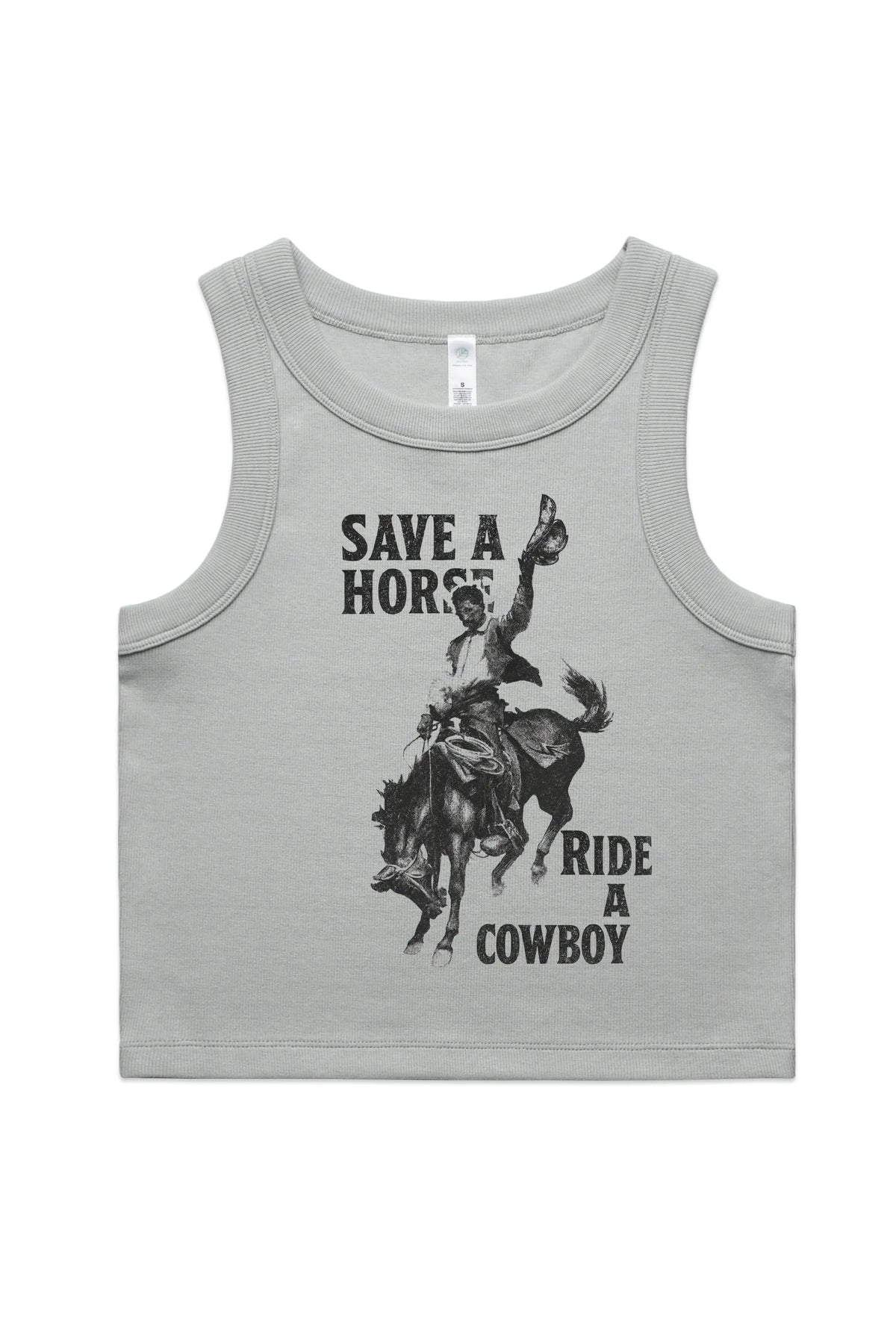 Common Saints Organic Rib Crop Tank in Storm with black cowboy graphic and “Save a Horse Ride a Cowboy” text, front flat lay