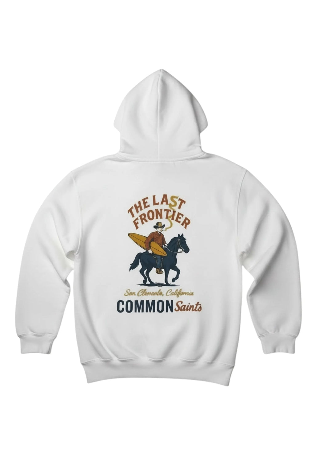 Back view of Common Saints white pullover hoodie with cowboy, black horse and surfboard graphic, plus “The Last Frontier” text