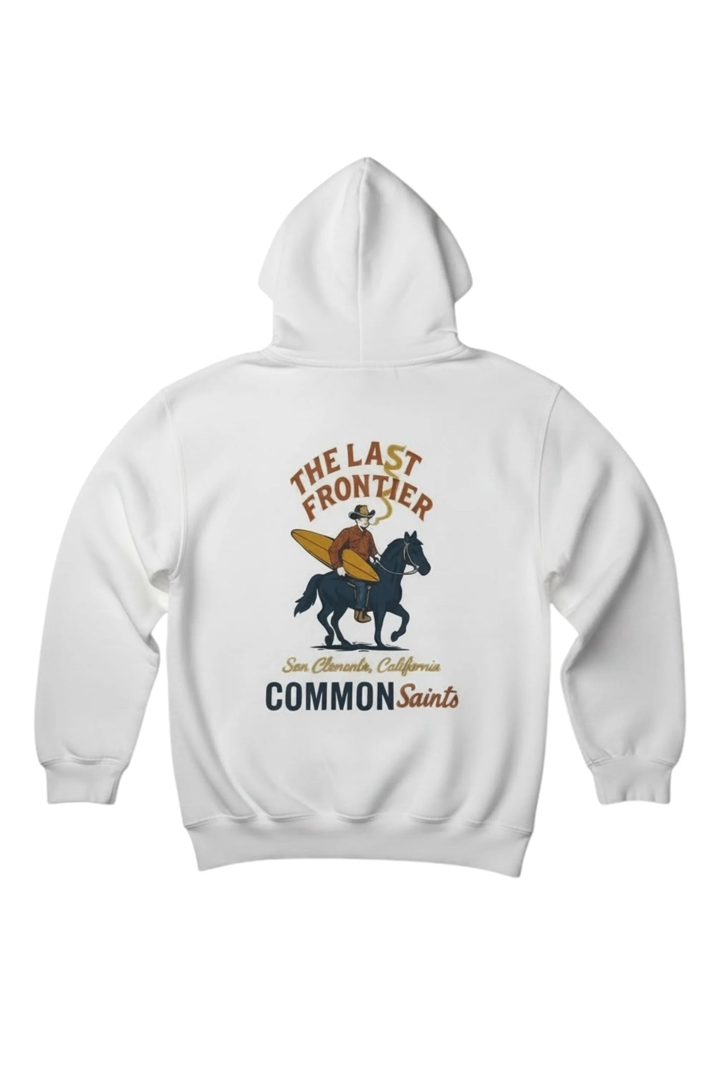 Back view of Common Saints white pullover hoodie with cowboy, black horse and surfboard graphic, plus “The Last Frontier” text