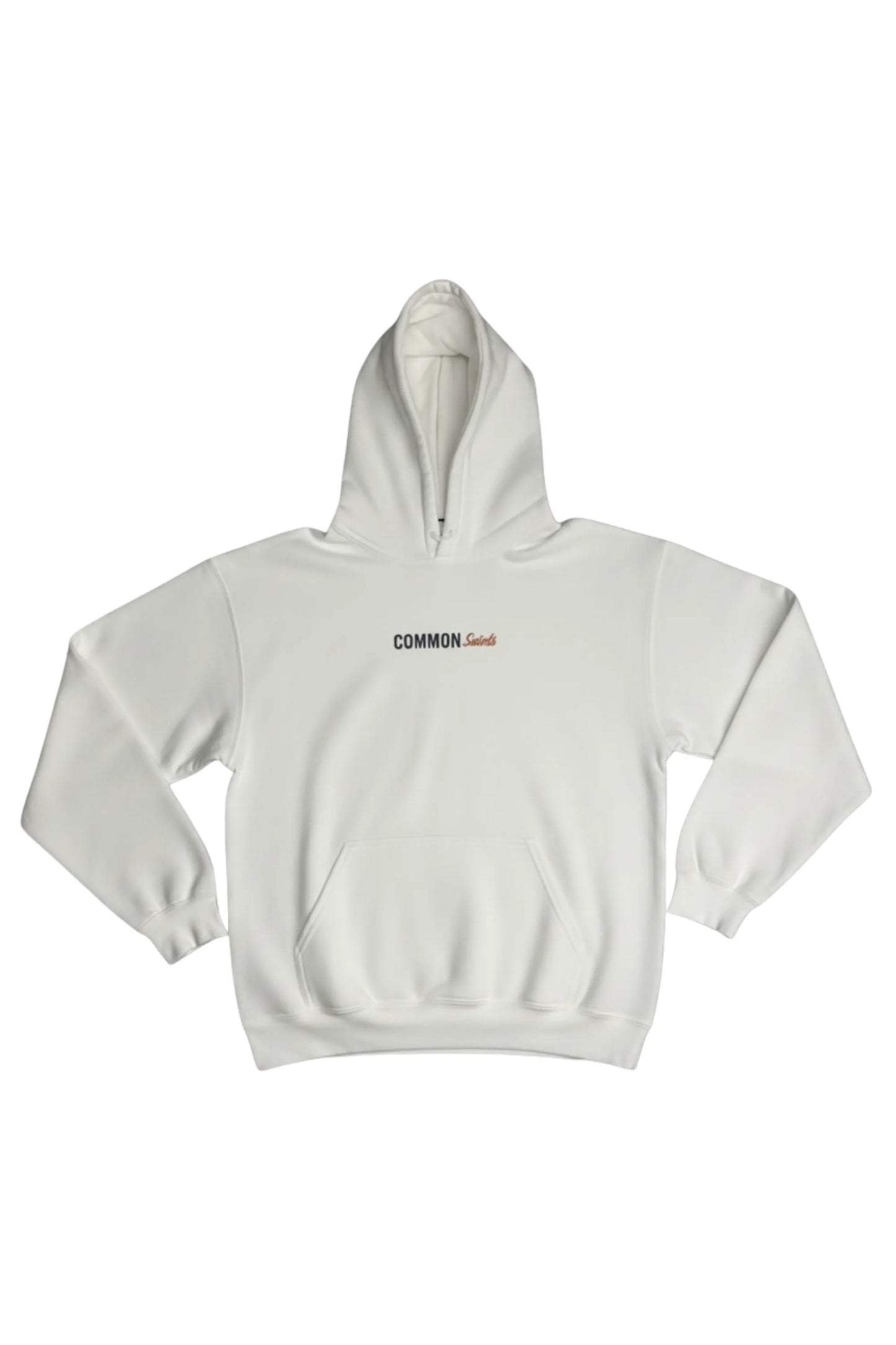 Front view of Common Saints white pullover hoodie with small black and brown Common Saints chest logo and kangaroo pocket