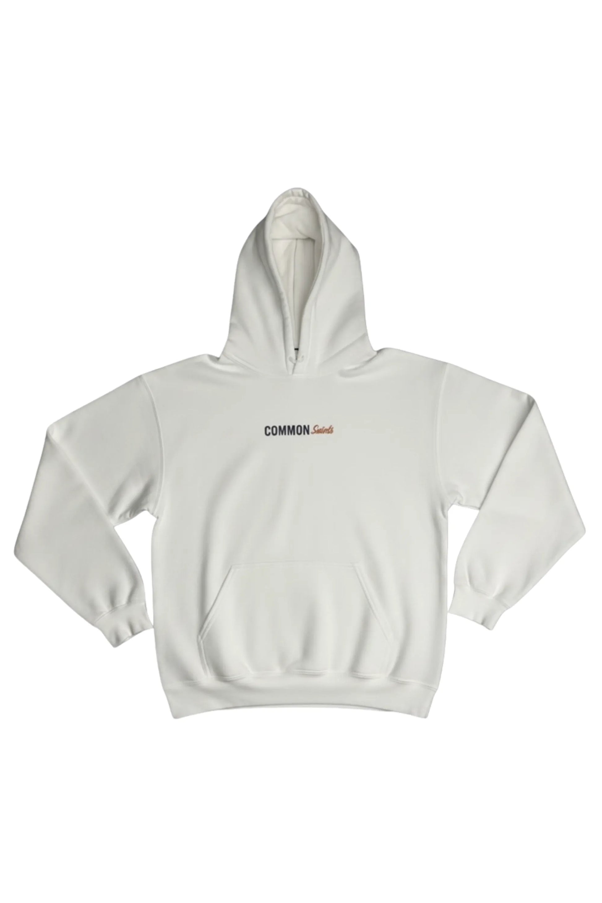 Front view of Common Saints white pullover hoodie with small black and brown Common Saints chest logo and kangaroo pocket
